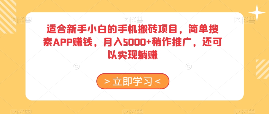 适合新手小白的手机搬砖项目，简单搜素APP赚钱，月入5000+稍作推广，还可以实现躺赚【揭秘】-第一资源库