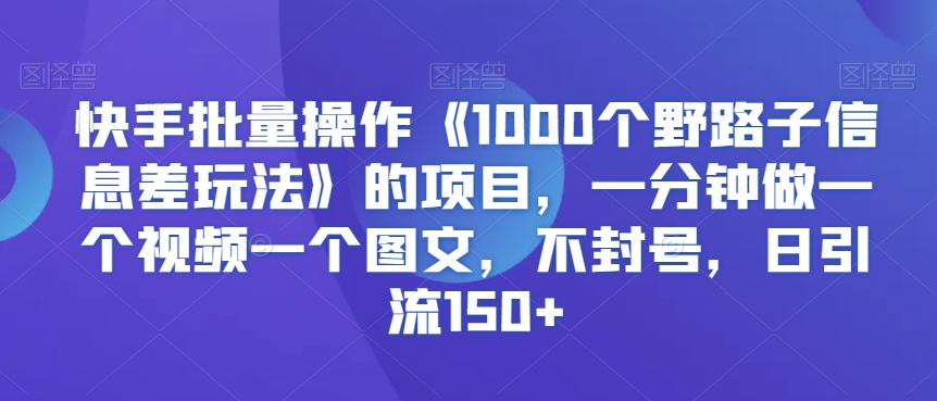 快手批量操作《1000个野路子信息差玩法》的项目，一分钟做一个视频一个图文，不封号，日引流150+【揭秘】-第一资源库